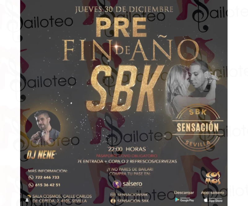 Bailoteo Sensacion SBK pre-fin de año con Dj nene en Sala Cosmos el jueves 30 de Diciembre 2021