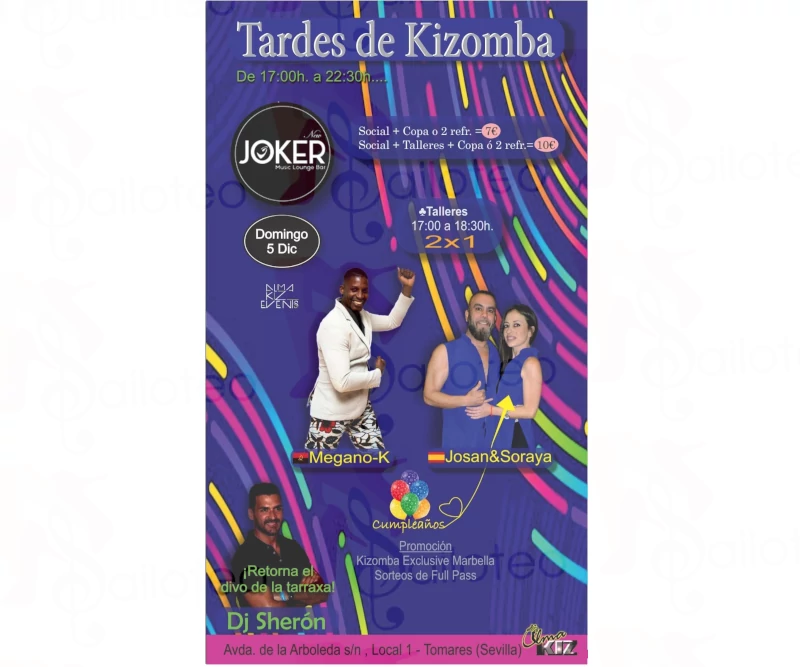 Bailoteo Tardes de Kizomba Taller y Social con Dj Sheron Megano-K y Josan&Soraya en Joker el Domingo 5 de Diciembre 2021