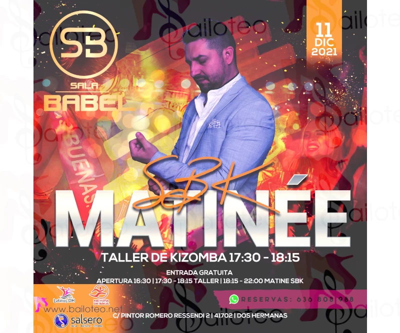 Bailoteo 💃🕺 Taller Kizomba y Matinee con Diego Felicio en Sala Babel el Sábado 11 de Diciembre 2021