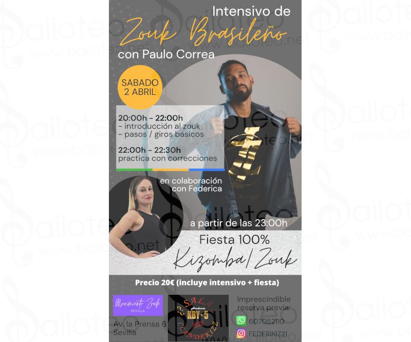 Bailoteo Intensivo y fiesta 100% Zouk Brasileño con Paulo Correay Federica en ClandeKizz el Sábado 2 de Abril 2022