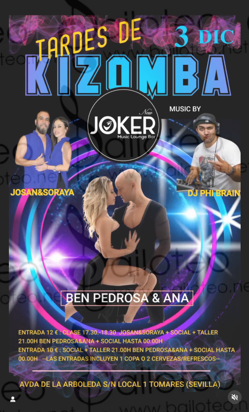 Bailoteo Tardes de Kizomba con Ben Pedrosa y Ana en Joker el Sábado 3 de Diciembre 2022