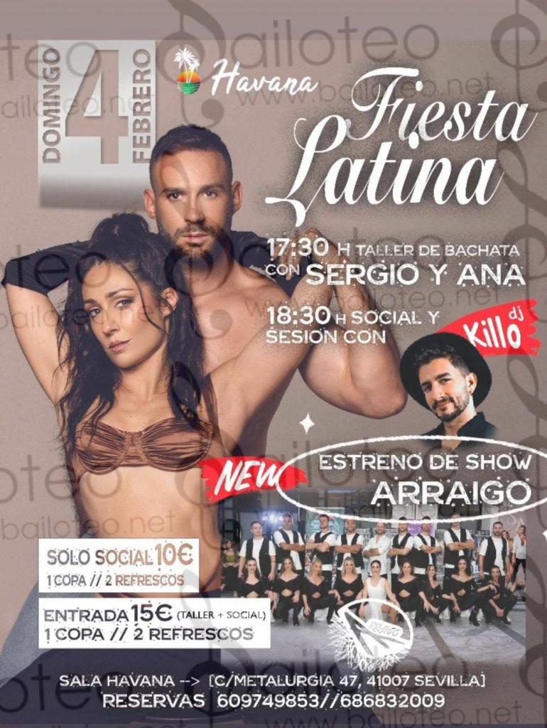 Bailoteo Fiesta Latina Domingo 4 Febrero en sala Havana con taller de bachata por Sergio y Ana y Show de Arraigo